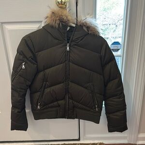 Andrew Marc puffer, forest green with fur lined hood